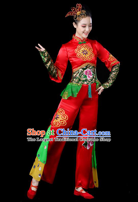 Traditional Chinese Folk Dance Costumes Stage Show Fan Dance Garment Yanko Dance Red Blouse and Pants Outfits for Women