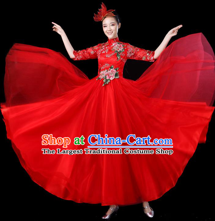 Traditional Chinese Opening Dance Costumes Stage Show Modern Dance Garment Folk Dance Red Dress for Women