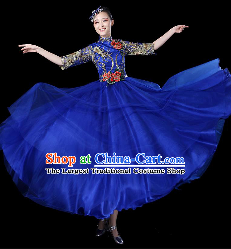 Traditional Chinese Opening Dance Costumes Stage Show Modern Dance Garment Folk Dance Royalblue Dress for Women