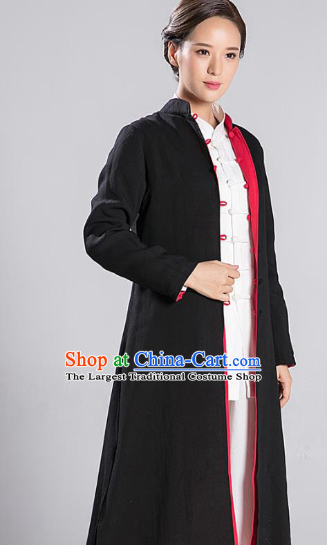 Traditional Chinese Tang Suit Reversible Dust Coat Costumes China Martial Arts Flax Garment Black and Red Overcoat for Women