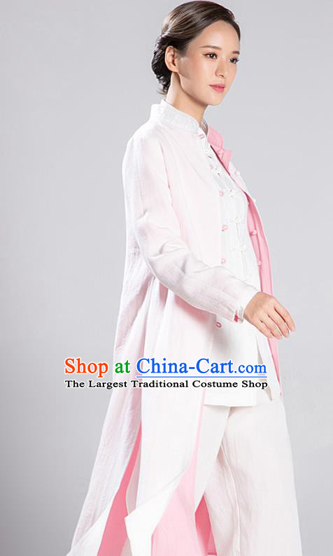 Traditional Chinese Tang Suit Reversible Dust Coat Costumes China Martial Arts Flax Garment White and Pink Overcoat for Women