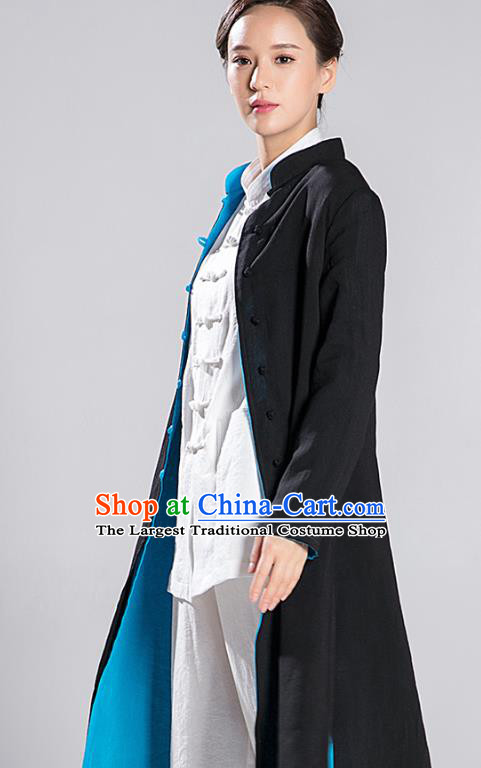 Traditional Chinese Tang Suit Reversible Dust Coat Costumes China Martial Arts Flax Garment Black and Blue Overcoat for Women