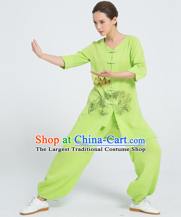 Professional Chinese Martial Arts Hand Painting Lotus Green Flax Blouse and Pants Costumes Kung Fu Training Garment Tai Chi Outfits for Women