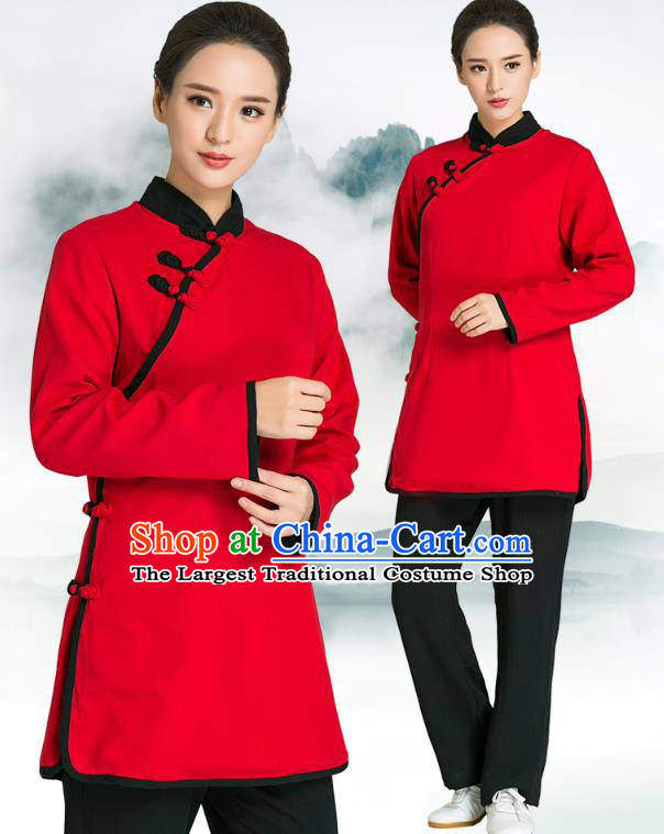 Professional Chinese Tang Suit Red Blouse and Black Pants Costumes Kung Fu Garment Tai Chi Training Outfits for Women