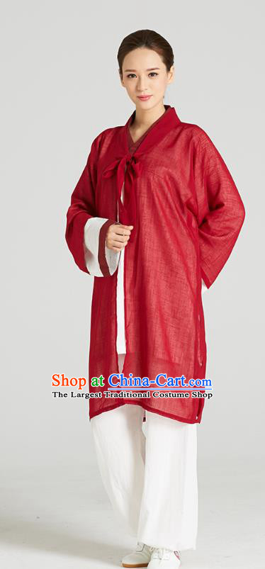 Professional Chinese Kung Fu Garment Wudang Tai Chi Training Outfits Traditional Red Flax Cloak Blouse and Pants Costumes for Women