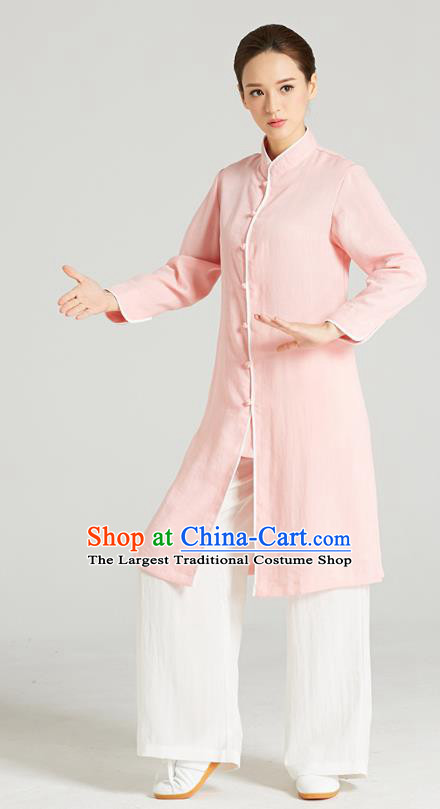 Professional Chinese Kung Fu Garment Wudang Tai Chi Training Outfits Traditional Pink Linen Blouse and Pants Costumes for Women