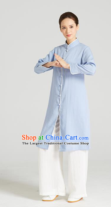 Professional Chinese Kung Fu Garment Wudang Tai Chi Training Outfits Traditional Blue Linen Blouse and Pants Costumes for Women