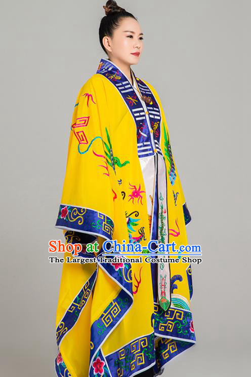 Traditional Chinese Embroidered Dragon Yellow Gown Taoist Nun Koshibo Priest Frock Martial Arts Costumes China Taoism Tai Chi Garment for Women