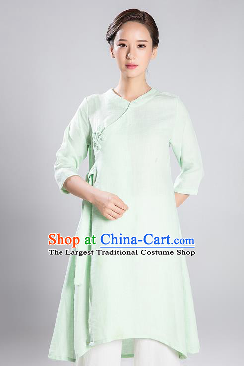 Professional Chinese Wudang Tai Chi Training Outfits Traditional Light Green Flax Blouse and Pants Costumes Kung Fu Garment for Women