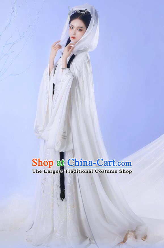 Chinese Ancient Hanfu Garment Jin Dynasty Royal Princess Embroidered White Cape Blouse and Skirt Costumes Full Set