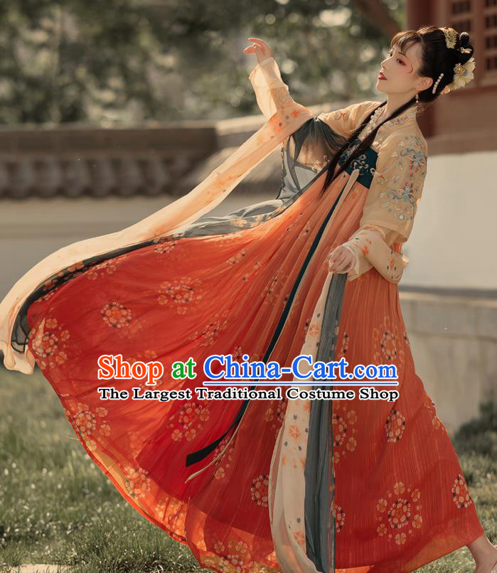 Chinese Ancient Tang Dynasty Hanfu Garment Royal Princess Embroidered Blouse and Skirt Costumes for Women