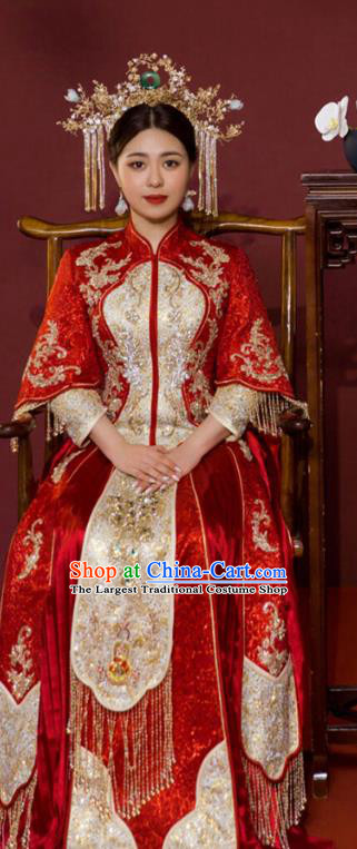 Chinese Traditional Wedding Drilling Peacock Costumes Bride Apparels Xiuhe Suits Embroidered Red Blouse and Dress for Women