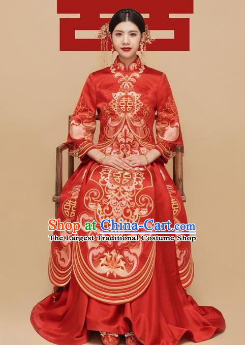 Chinese Traditional Wedding Bride Xiuhe Suits Apparels Embroidered Red Blouse and Dress Costumes for Women