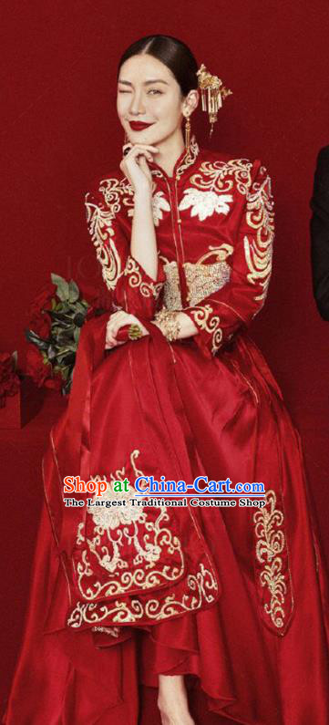 Chinese Traditional Wedding Apparels Embroidered Red Blouse and Dress Costumes Bride Xiuhe Suits for Women