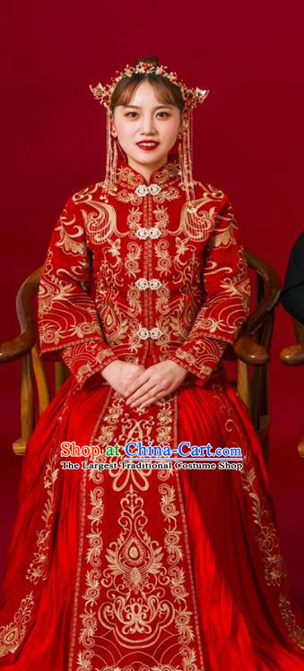 Chinese Traditional Bride Slim Apparels Embroidered Red Drilling Blouse and Dress Costumes Wedding Xiuhe Suits for Women