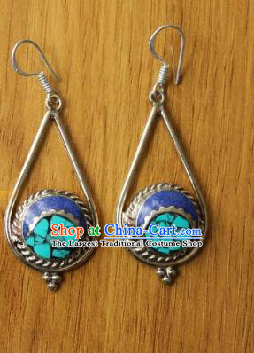 Chinese Traditional Tibetan Nationality Dance Ear Accessories Handmade Decoration Zang Ethnic Dance Blue Earrings for Women