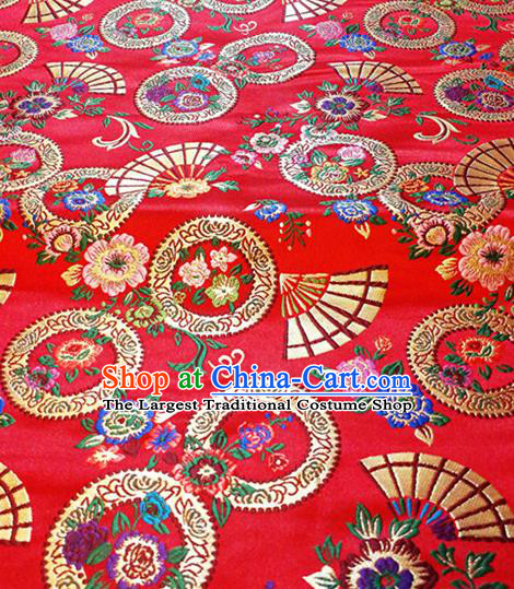 Asian Chinese Traditional Fan Flowers Pattern Design Red Brocade Fabric Cheongsam Silk Tapestry Material