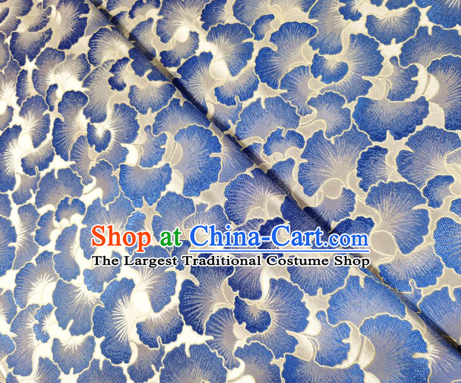 Asian Chinese Traditional Blue Ginkgo Leaf Pattern Design White Brocade Fabric Silk Tang Suit Tapestry Material