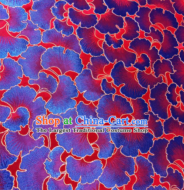 Asian Chinese Traditional Blue Ginkgo Leaf Pattern Design Red Brocade Fabric Silk Tang Suit Tapestry Material