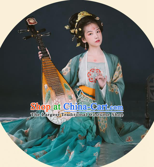 Chinese Ancient Tang Dynasty Hanfu Garment Imperial Concubine Embroidered Cloak Blouse Camisole and Green Skirt Costumes for Women