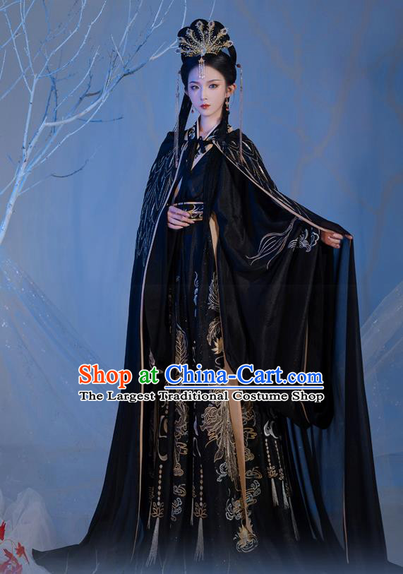 Chinese Ancient Goddess Black Costumes Jin Dynasty Palace Princess Hanfu Garment Embroidered Cape Blouse and Skirt Complete Set