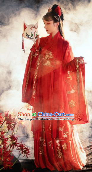 Chinese Ancient Fox Fairy Red Hanfu Costumes Jin Dynasty Royal Princess Cloak Blouse and Skirt Wedding Garment Full Set