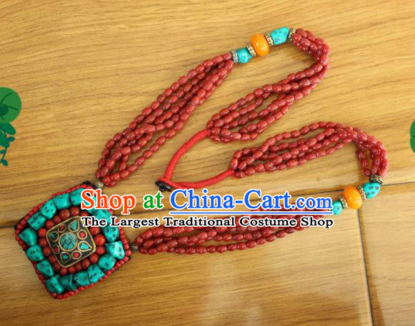 Chinese Traditional Tibetan Nationality Red Beads Jewelry Accessories Decoration Zang Ethnic Handmade Kallaite Necklace Pendant for Women