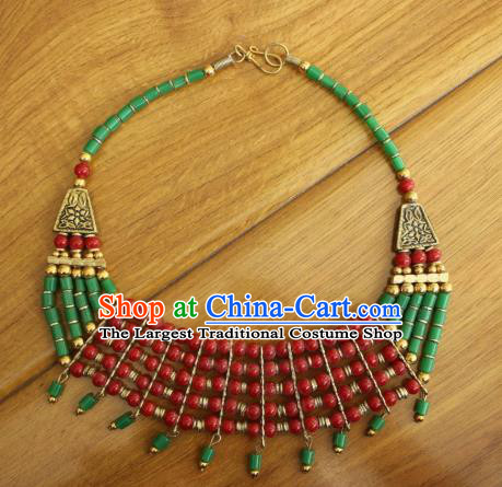 Chinese Traditional Tibetan Nationality Red and Green Beads Jewelry Accessories Decoration Zang Ethnic Handmade Silver Necklace Pendant for Women