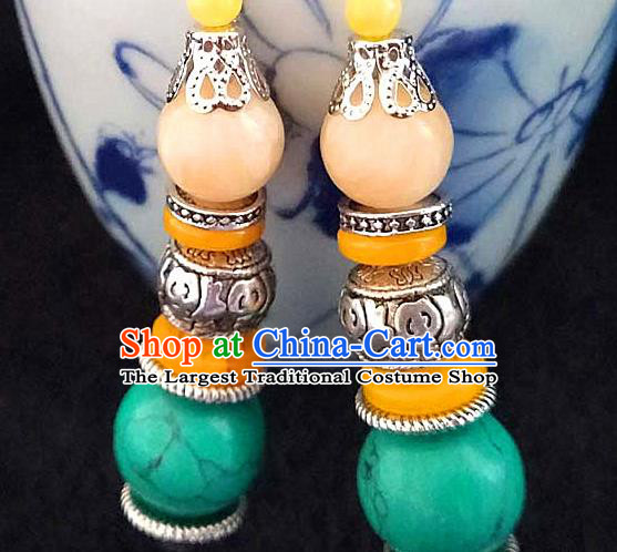 Chinese Traditional Zang Ethnic Blue Beads Beeswax Earrings Tibetan Nationality Ear Accessories Handmade Eardrop Decoration for Women