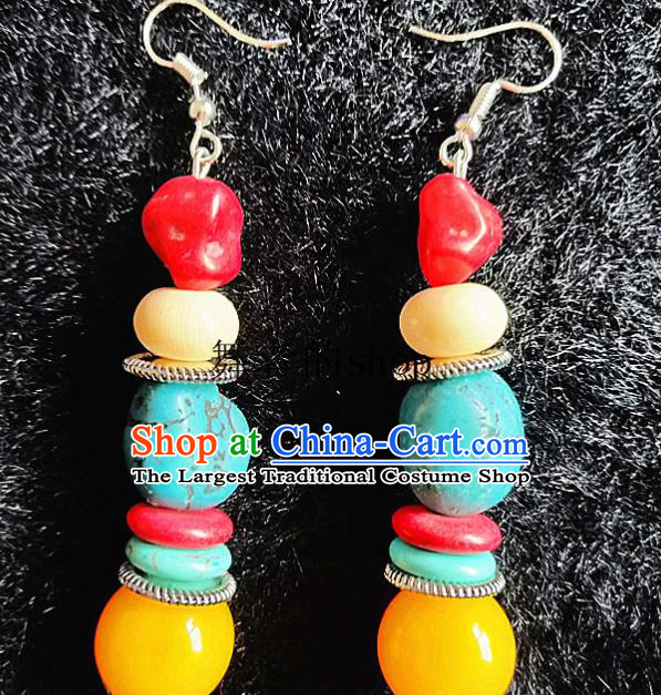 Chinese Traditional Zang Ethnic Earrings Bohemian Ear Accessories Handmade Stone Eardrop Decoration for Women