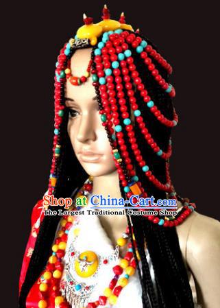 Chinese Traditional Tibetan Nationality Red Beads Hair Accessories Decoration Handmade Zang Ethnic Folk Dance Tassel Headwear for Women