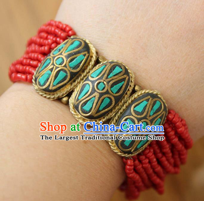 Chinese Traditional Tibetan Nationality Red Beads Bracelet Jewelry Accessories Decoration Zang Ethnic Handmade Bangle for Women