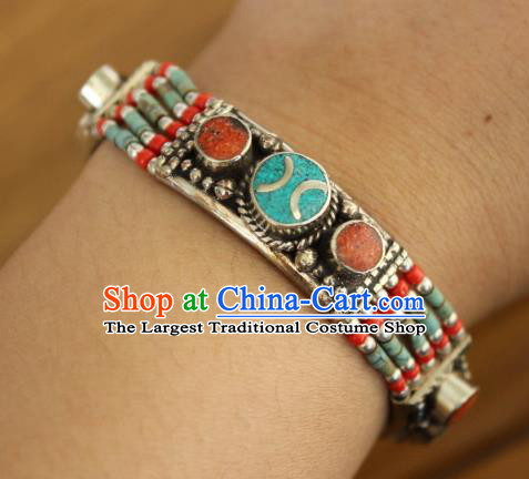 Chinese Traditional Tibetan Nationality Court Bracelet Jewelry Accessories Decoration Zang Ethnic Handmade Silver Bangle for Women