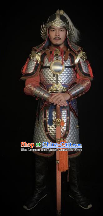 Traditional Chinese Han Dynasty General Argent Body Armor Ancient Warrior Military Officer Costumes and Helmet for Men