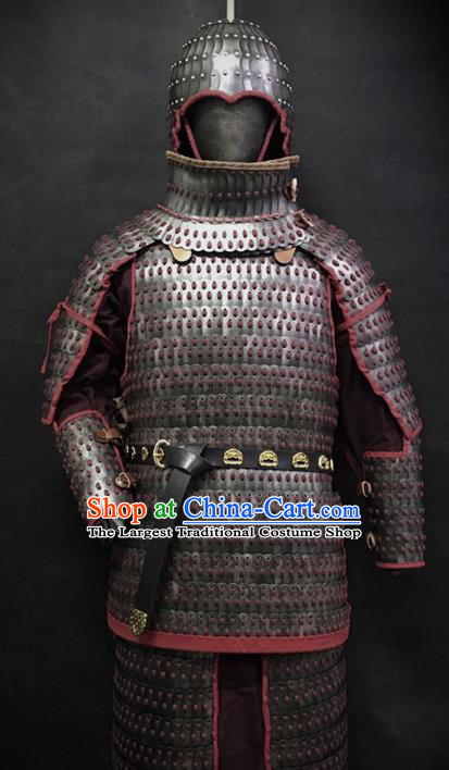 Traditional Chinese Eastern Jin Dynasty General Body Armor Ancient Military Officer Cavalry Costumes and Helmet Full Set