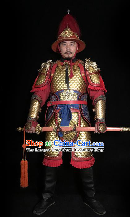 Traditional Chinese Tang Dynasty General Golden Body Armor Ancient Cavalry Warrior Iron Costumes and Helmet Full Set