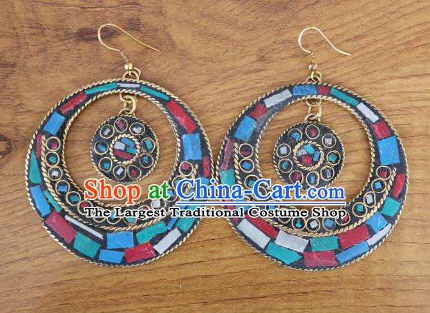 Chinese Traditional Tibetan Nationality Folk Dance Ear Accessories Handmade Eardrop Decoration Zang Ethnic Silver Earrings for Women