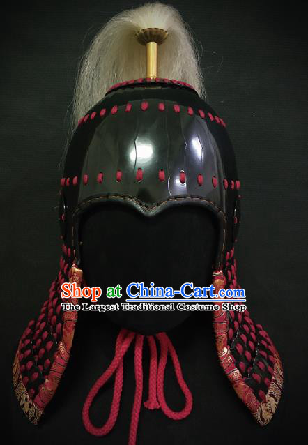 Traditional Chinese Tang Dynasty General Black Armor Hat Headpiece Ancient Soldier Warrior Armet Iron Helmet for Men