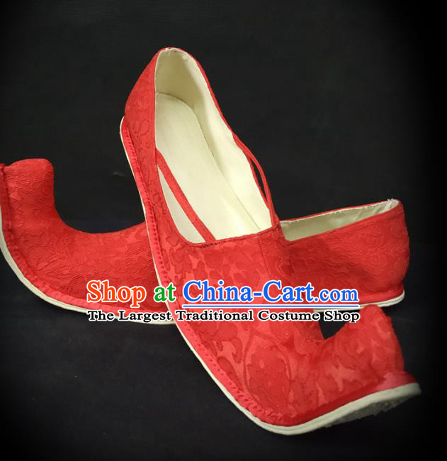 Traditional Chinese Han Dynasty Princess Red Satin Shoes Ancient Court Woman Brocade Hanfu Shoes Cloth Shoes