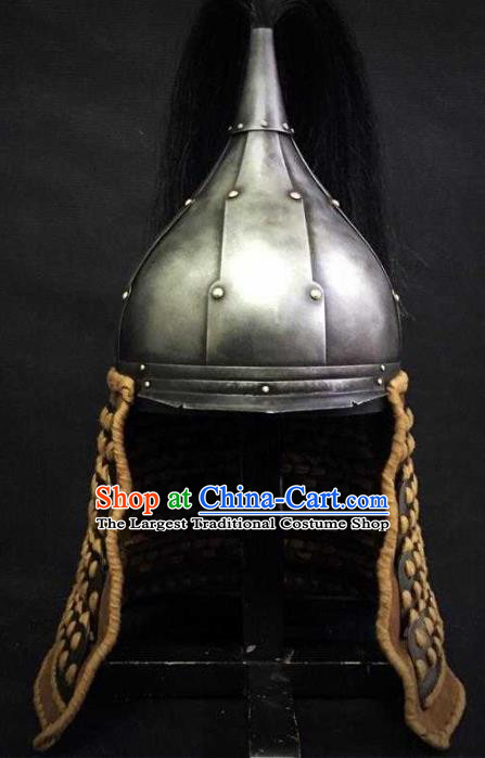 Traditional Chinese Yuan Dynasty General Armor Hat Headpiece Ancient Soldier Warrior Armet Iron Helmet for Men