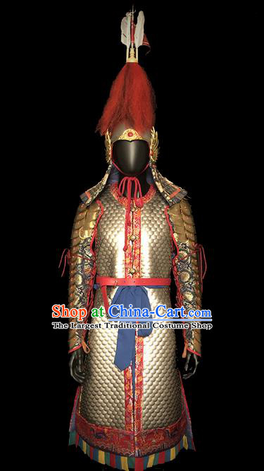 Traditional Chinese Ming Dynasty Imperial Bodyguard Golden Body Armor Outfits Ancient Film General Iron Costumes and Helmet Full Set