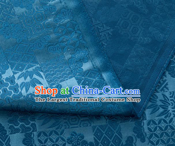 Japanese Traditional Bamboo Leaf Coppor Pattern Design Deep Blue Brocade Fabric Silk Material Traditional Asian Japan Kimono Dress Satin Tapestry