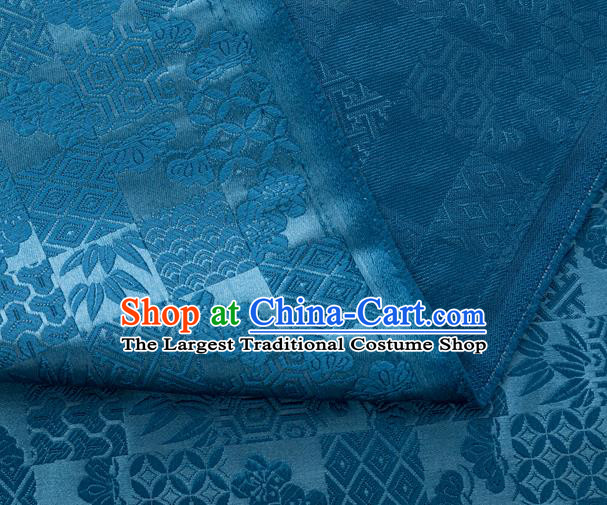 Japanese Traditional Bamboo Leaf Coppor Pattern Design Deep Blue Brocade Fabric Silk Material Traditional Asian Japan Kimono Dress Satin Tapestry