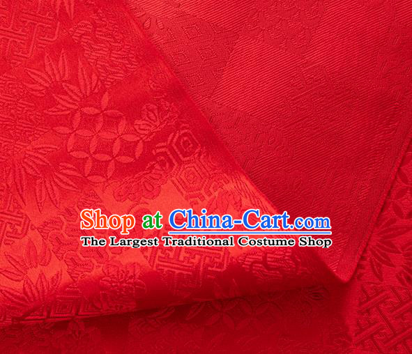 Japanese Traditional Bamboo Leaf Coppor Pattern Design Red Brocade Fabric Silk Material Traditional Asian Japan Kimono Dress Satin Tapestry