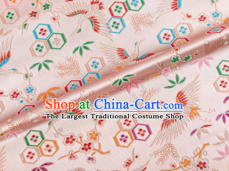 Japanese Traditional Crane Plum Pattern Design Pink Brocade Nishijin Fabric Silk Material Traditional Asian Japan Kimono Tapestry Satin