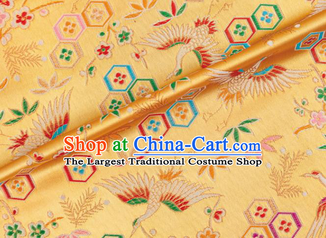 Japanese Traditional Crane Plum Pattern Design Yellow Brocade Nishijin Fabric Silk Material Traditional Asian Japan Kimono Tapestry Satin