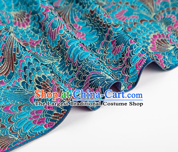 Chinese Classical Phoenix Tail Pattern Design Lake Blue Brocade Silk Fabric Tapestry Material Asian Traditional DIY Tang Suit Satin Damask