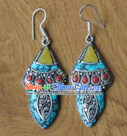 Chinese Traditional Tibetan Nationality Blue Ear Accessories Handmade Eardrop Decoration Zang Ethnic Folk Dance Retro Silver Earrings for Women