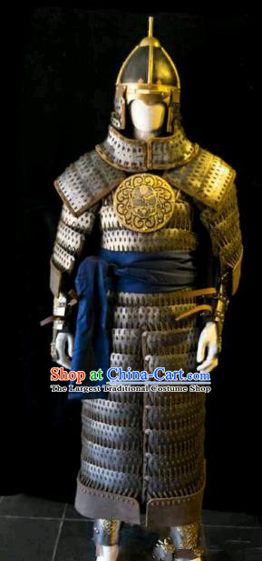 Traditional Chinese Ming Dynasty General Iron Body Armor Outfits Ancient Film Military Officer Armour Costumes and Helmet for Men