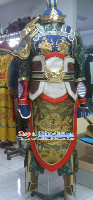 Traditional Chinese Three Kingdoms Period General Guan Yu Body Armor Outfits Ancient Film Military Officer Armour Costumes and Headwear Full Set